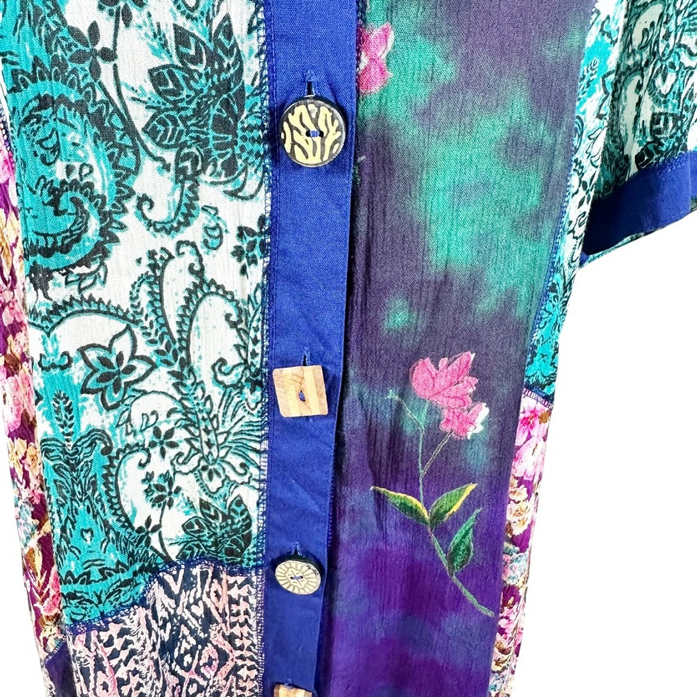 La Cera Button Dress Patchwork Boho Ethnic Midi Pockets Cottage Whimsy Size XL - Picture 8 of 10